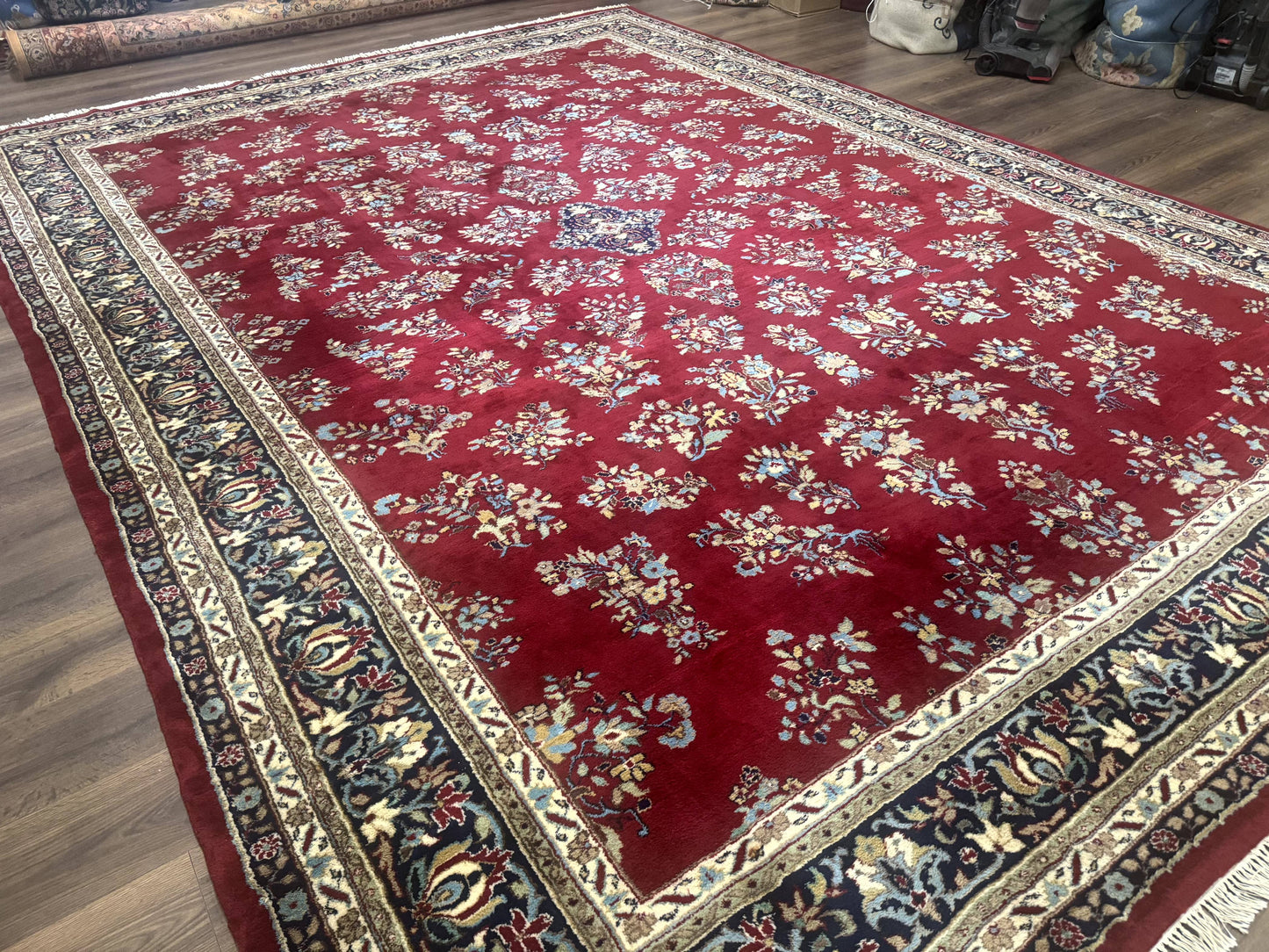 Indo Persian Sarouk Rug 10x14, Large Red and Navy Blue Carpet, Traditional Floral Wool Rug