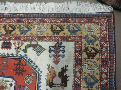 7' X 10' Vintage Handmade Knotted Turkish Wool Rug Birds Animal Ivory Organic