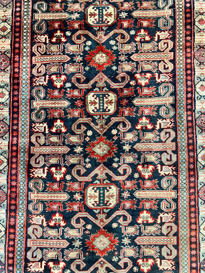 Persian Wide Runner Rug 4.8 x 10, Persian Kalegi Ardabil Rug, Perpedil Caucasian Rug, Antique Handmade Wool Carpet, Navy Blue Red, Tribal Rug