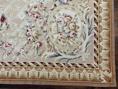 Aubusson Rug 9x12, Elegant Savonnerie Carpet 9 x 12 ft, Beige Ivory Tan, Floral, Flatweave Wool Handmade Area Rug 9 x 12 ft, European French