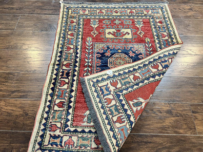Turkish Kazak Rug 3x4, Wool Hand Knotted Small Vintage Carpet, Red Navy Blue, 3 x 4 Oriental Rug, Geometric Design