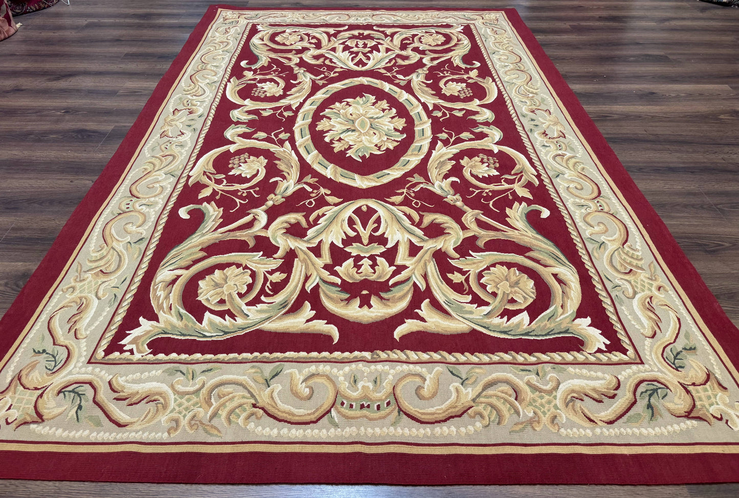 Burgundy Aubusson Rug 6x9, Vintage Wool Carpet
