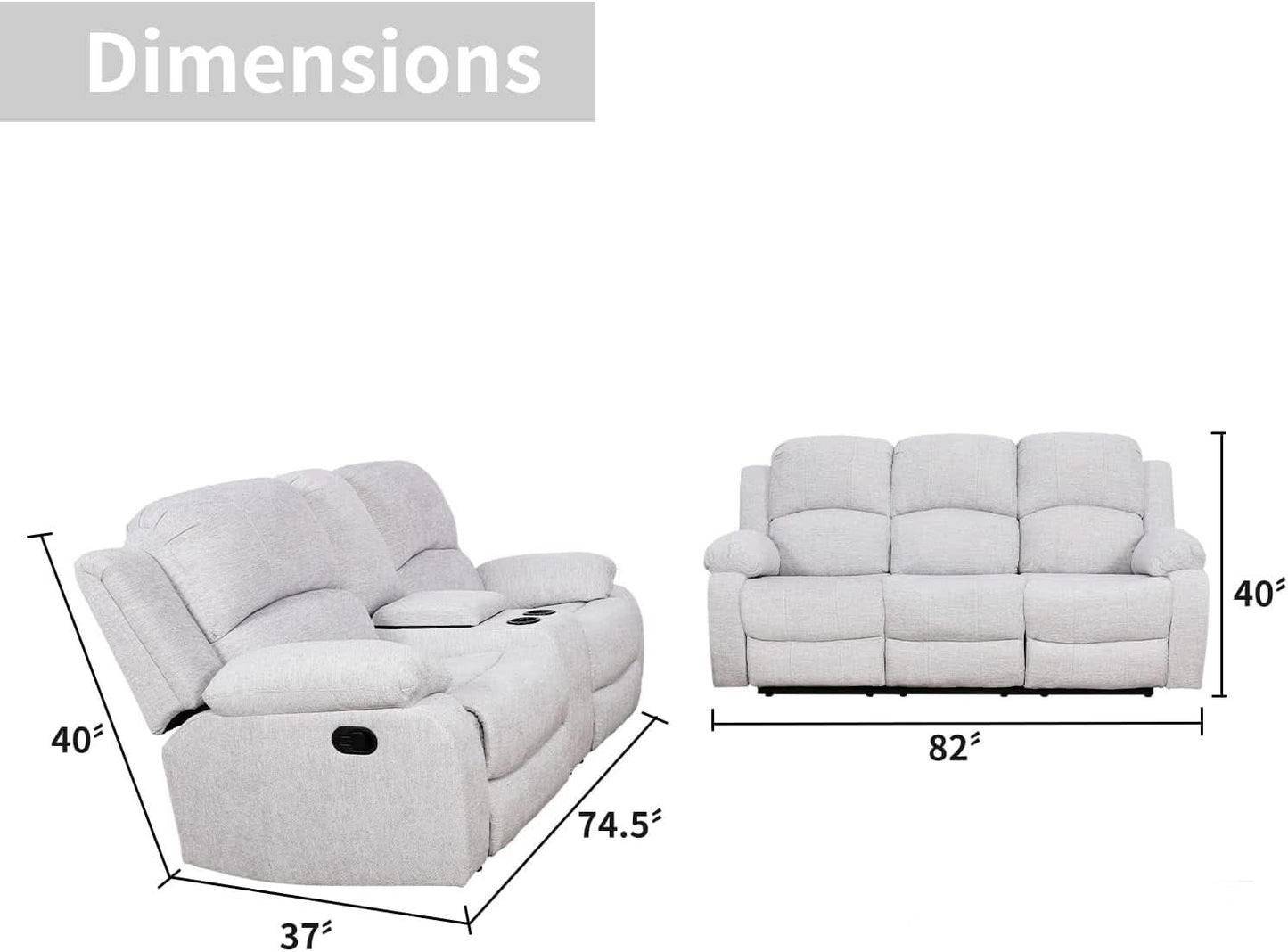 Grey Linen Recliner Sofa Set Featuring Drop Down Table