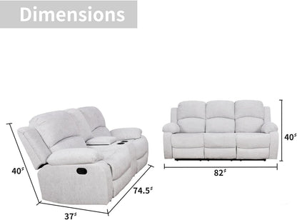 Grey Linen Recliner Sofa Set Featuring Drop Down Table