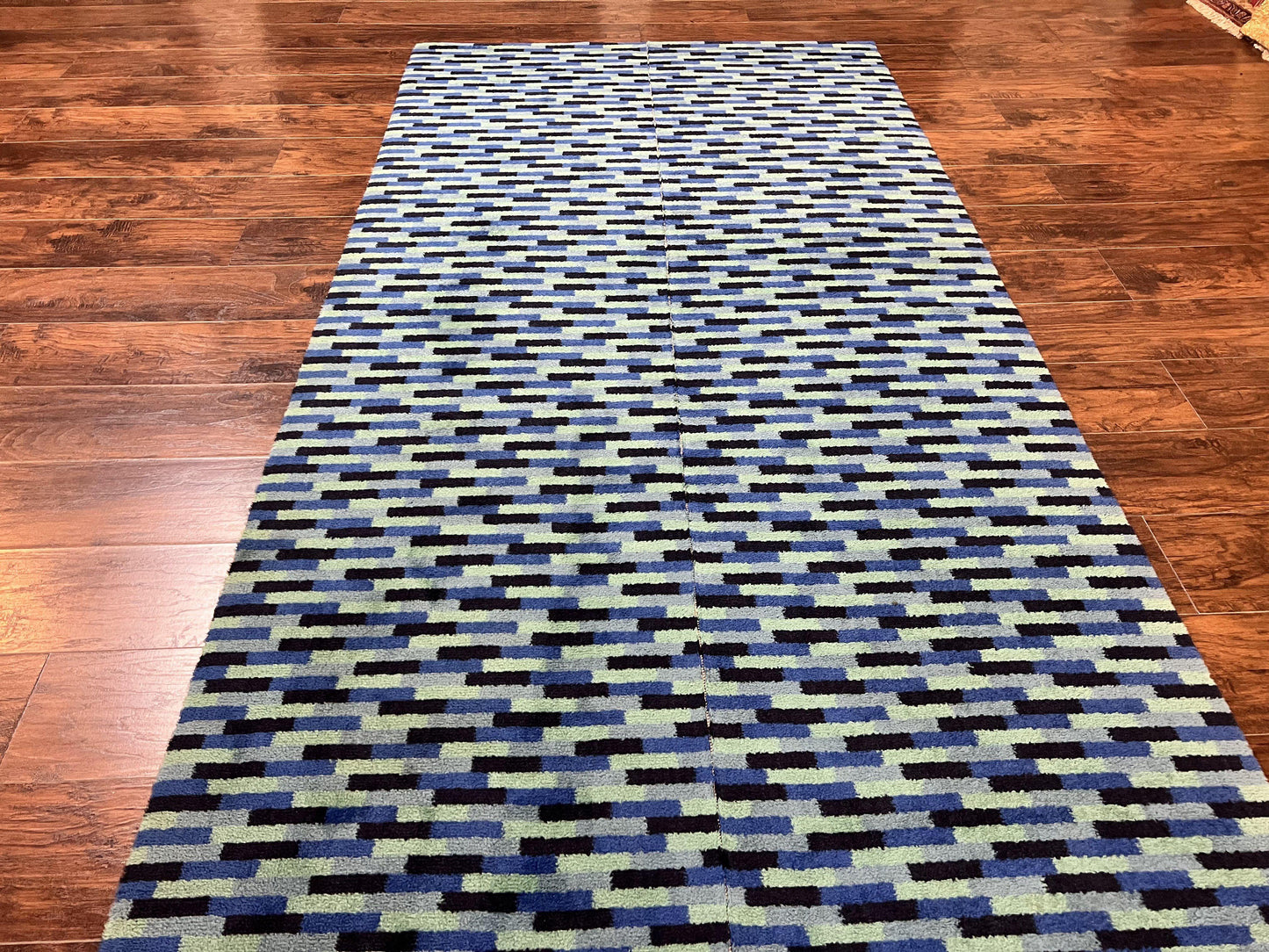 Wide Runner Rug 4.7 x 12, Blue Multicolor Contemporary Wool Power Loomed Rug, Mosiac Design