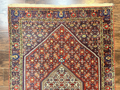 Persian Bidjar Rug 4x6, Handmade Oriental Carpet, Fine Weave, Herati Mahi Pattern, Vintage, Red, 300 KPSI