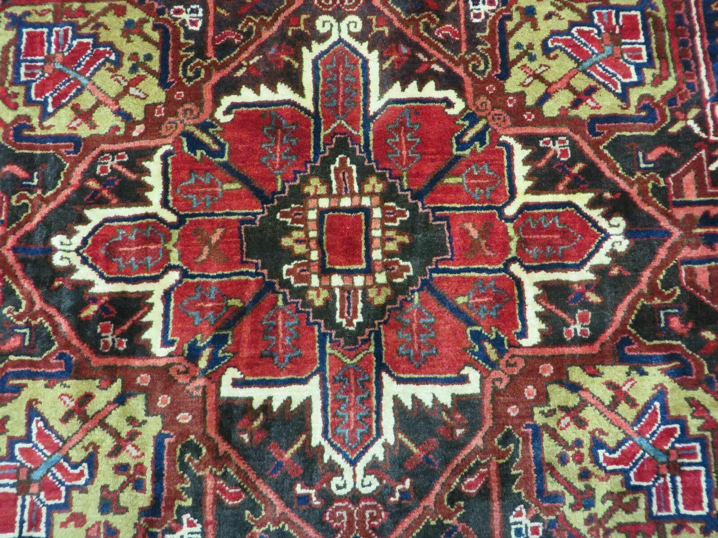 Wonderful Persian Heriz Rug 8.6 x 11, Geometric Heriz Carpet, Semi Antique Decorative Area Rug, Red Ivory Dark Blue Handmade Wool Room Sized