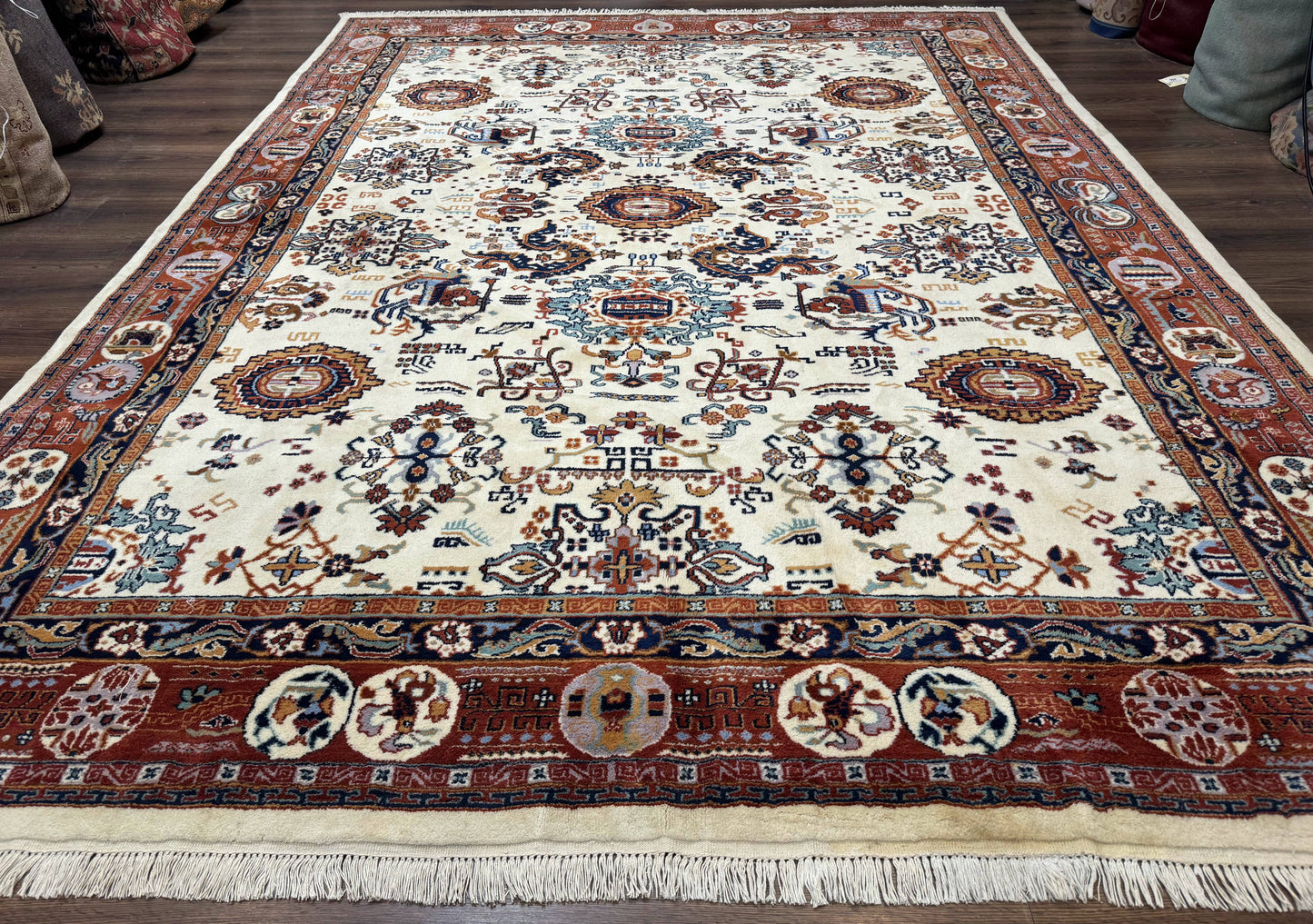Indo Chinese Wool Rug 9x12, Ivory and Rust Red, Dragon Motifs