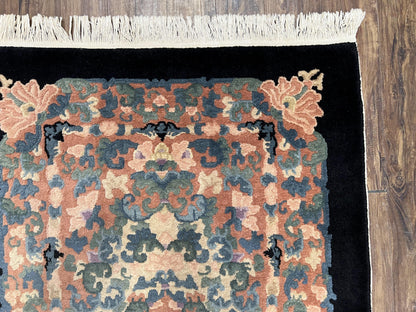 Chinese Art Deco Rug 3x5, Black and Beige Chinese Carpet 3 x 5, Vintage Rug, 1950s Rug, Floral Rug, Handmade Rug, Art Deco Rug, Wool Rug