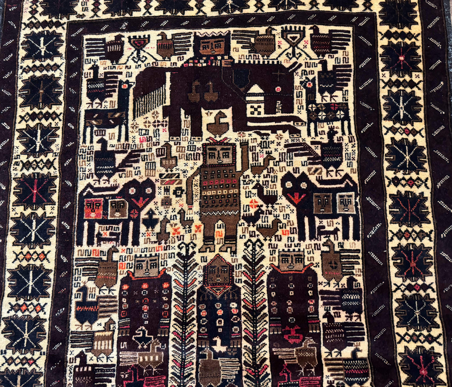 Persian Baluch Tribal Rug 4x6, Human and Bird Pictorials, Vintage, Wool, Collectible