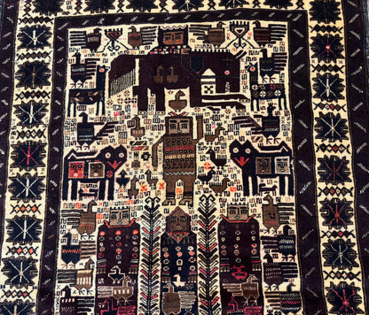 Persian Baluch Tribal Rug 4x6, Human and Bird Pictorials, Vintage, Wool, Collectible