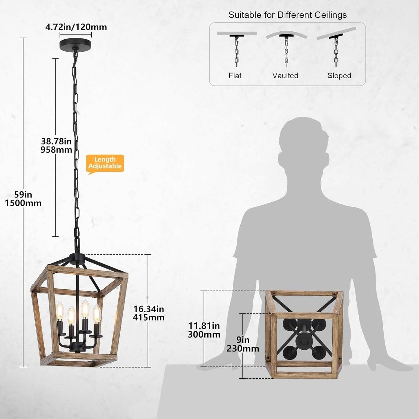 4 Light Farmhouse Chandelier With Rustic Wood Cage Light