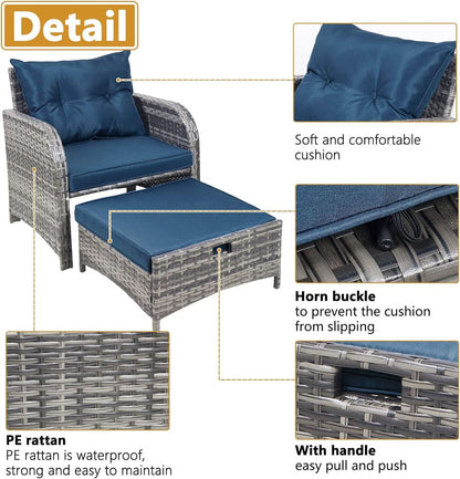5 Pieces Wicker Outdoor Patio Chairs Set With Ottoman Blue