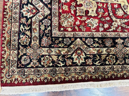 Indo Persian Rug 8x10, Red Vintage Wool Traditional Carpet, Floral, Handmade