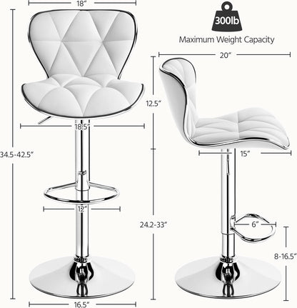 Bar Stools Set Of 2 White PU Leather Adjustable Swivel