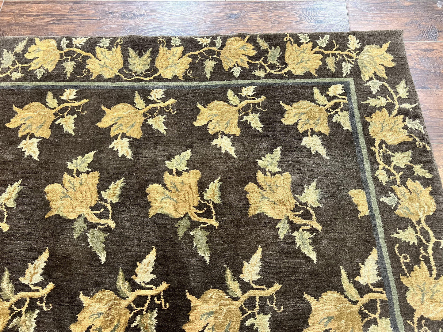 Tibetan Nepal Rug 6x9, Wool Hand Knotted Vintage Carpet 6 x 9, Dark Green & Golden Yellow, Floral Bouquets