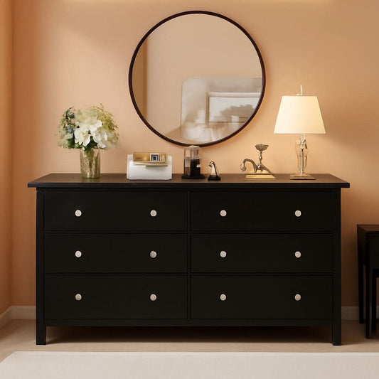 Black Dresser With Six Deep Drawers For TV Storage
