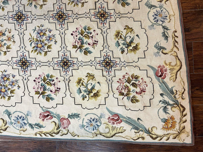 Needlepoint Rug 10x14, Wool Handmade Vintage Needlepoint Carpet, Floral Panel Design, Ivory/Cream