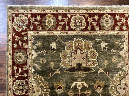 Indo Oushak Rug 4x6, Green and Maroon, Vintage Wool Floral Rug, Indian Agra Rug
