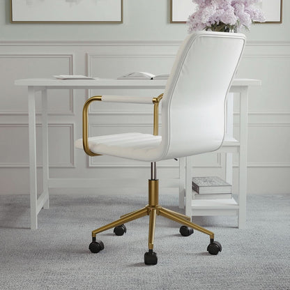 Taytum Swivel Task Chair White Faux Leather Brass Frame