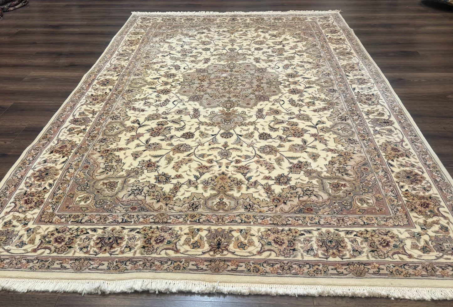 Sino Persian Rug 6x9, Floral Medallion, Ivory & Taupe, Wool with Silk Highlights, Fine 210 KPSI