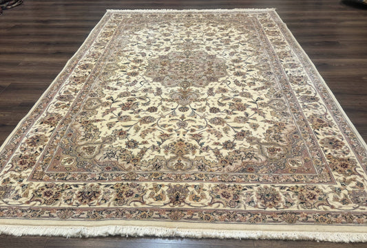 Sino Persian Rug 6x9, Floral Medallion, Ivory & Taupe, Wool with Silk Highlights, Fine 210 KPSI