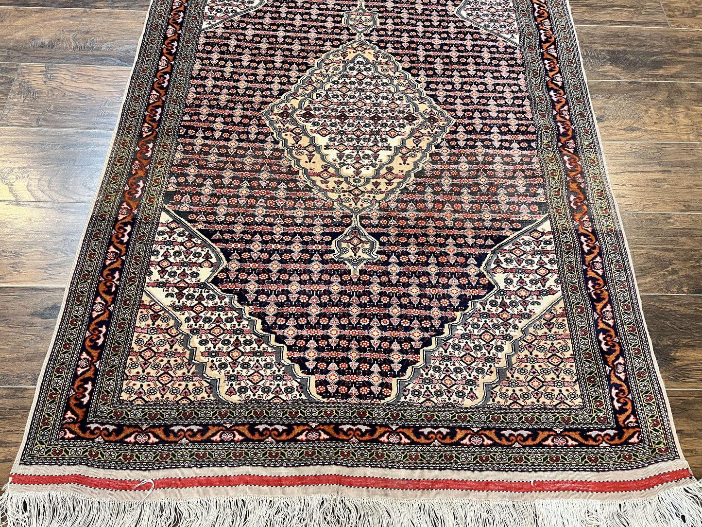 Afghan Rug 4x5, Wool with Silk Highlights, Very Fine Hand Knotted Vintage Oriental Carpet, Herati Pattern, Persian Rug, Bidjar Rug, 400 KPSI