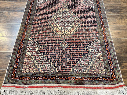 Afghan Rug 4x5, Wool with Silk Highlights, Very Fine Hand Knotted Vintage Oriental Carpet, Herati Pattern, Persian Rug, Bidjar Rug, 400 KPSI