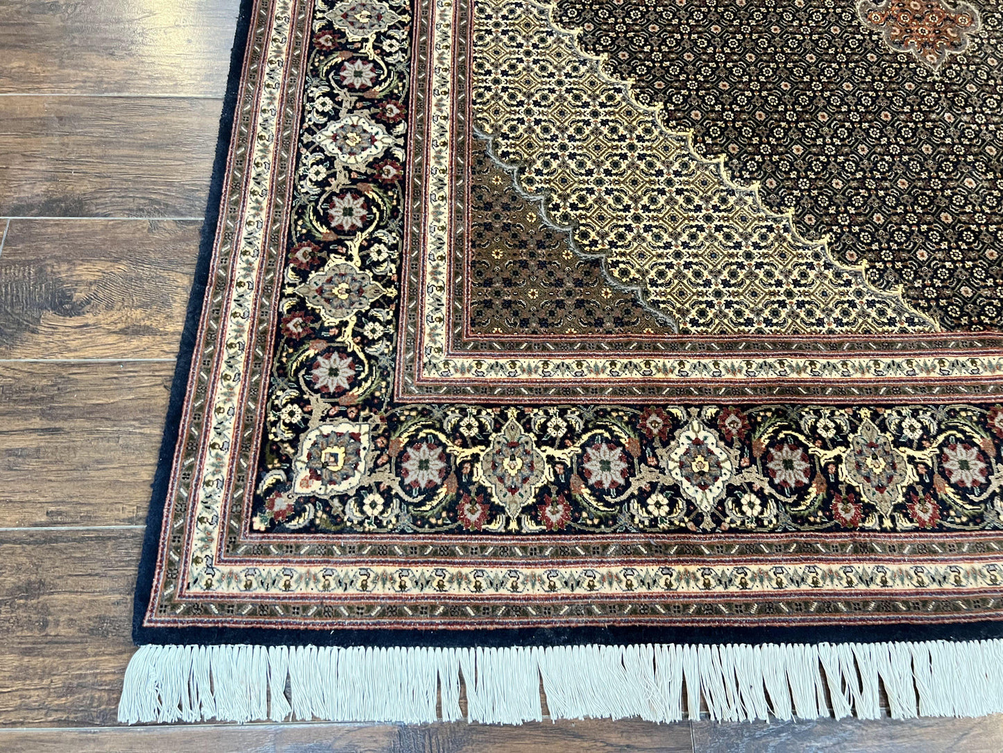 Persian Tabriz Rug 7x10, Very Fine 330 KPSI 50 Raj, Black and Beige, Handmade Wool Vintage Persian Carpet