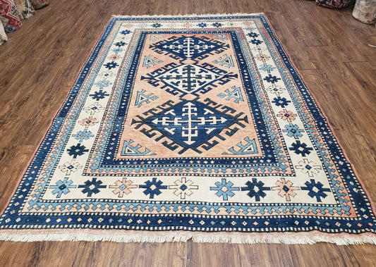 Turkish Kazak Rug 5x8 ft, Bold Geometric Bohemian Carpet, Blue and Ivory Hand Knotted Area Rug, Medium Sized High Quality Wool Oriental Rug