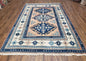 Turkish Kazak Rug 5x8 ft, Bold Geometric Bohemian Carpet, Blue and Ivory Hand Knotted Area Rug, Medium Sized High Quality Wool Oriental Rug