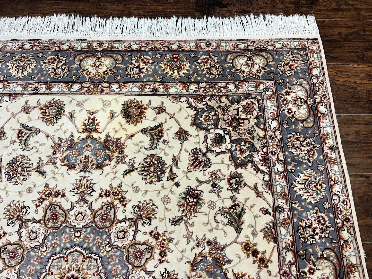 Sino Persian Square Rug 5x5, Very Fine Oriental Carpet, Wool & Silk Highlights, Ivory, Hand Knotted Handmade Vintage Traditional Rug
