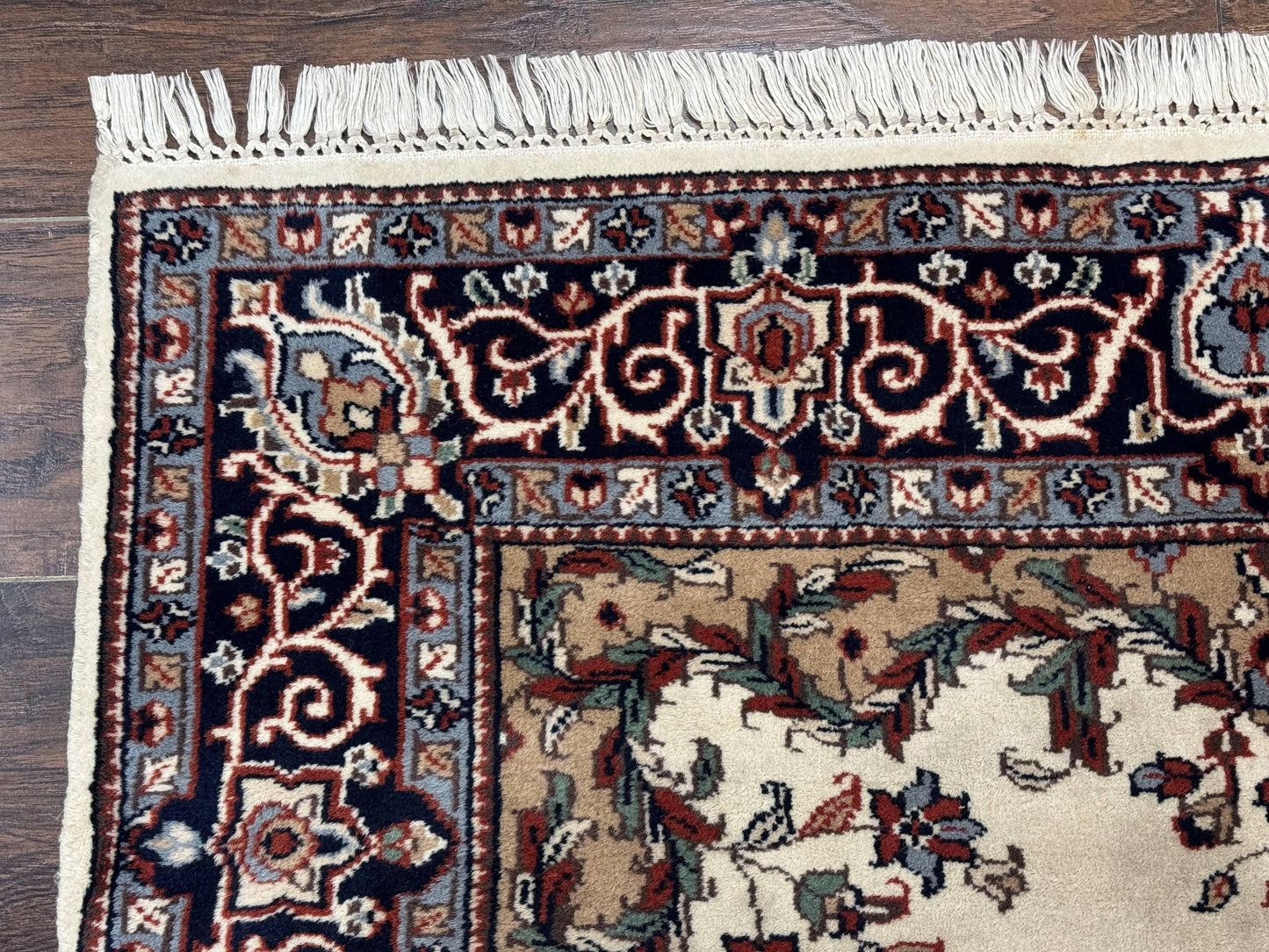 Indian Kashmiri Rug 4x6, Ivory Beige Navy Blue, Traditional Indo Persian Rug
