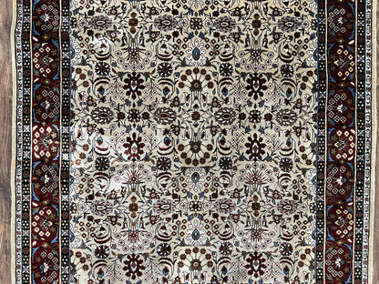 Fine Sino-Persian Silk Rug 3x5, High Quality Silk Carpet, Handmade Small Silk Rug, Allover Repeated Motif, Tan Maroon Blue Vintage Silk Rug