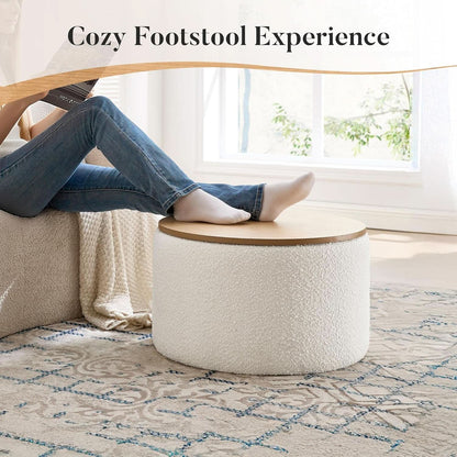 Circular Storage Ottoman With Wooden Lid Upholstered