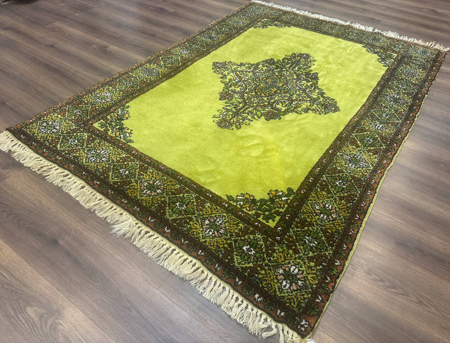 Moroccan Rug 6x8, Semi Open Field, Vintage, Lime Green, Wool Carpet