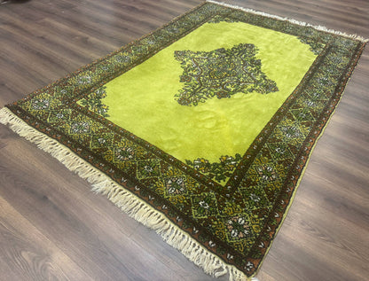 Moroccan Rug 6x8, Semi Open Field, Vintage, Lime Green, Wool Carpet