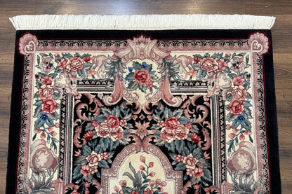 Aubusson Rug 4x6, Elegant European Floral Design, Black and Ivory, Fine 200 KPSI