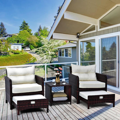 5 Piece Beige Rattan Patio Furniture Set With Ottomans And Coffee Table