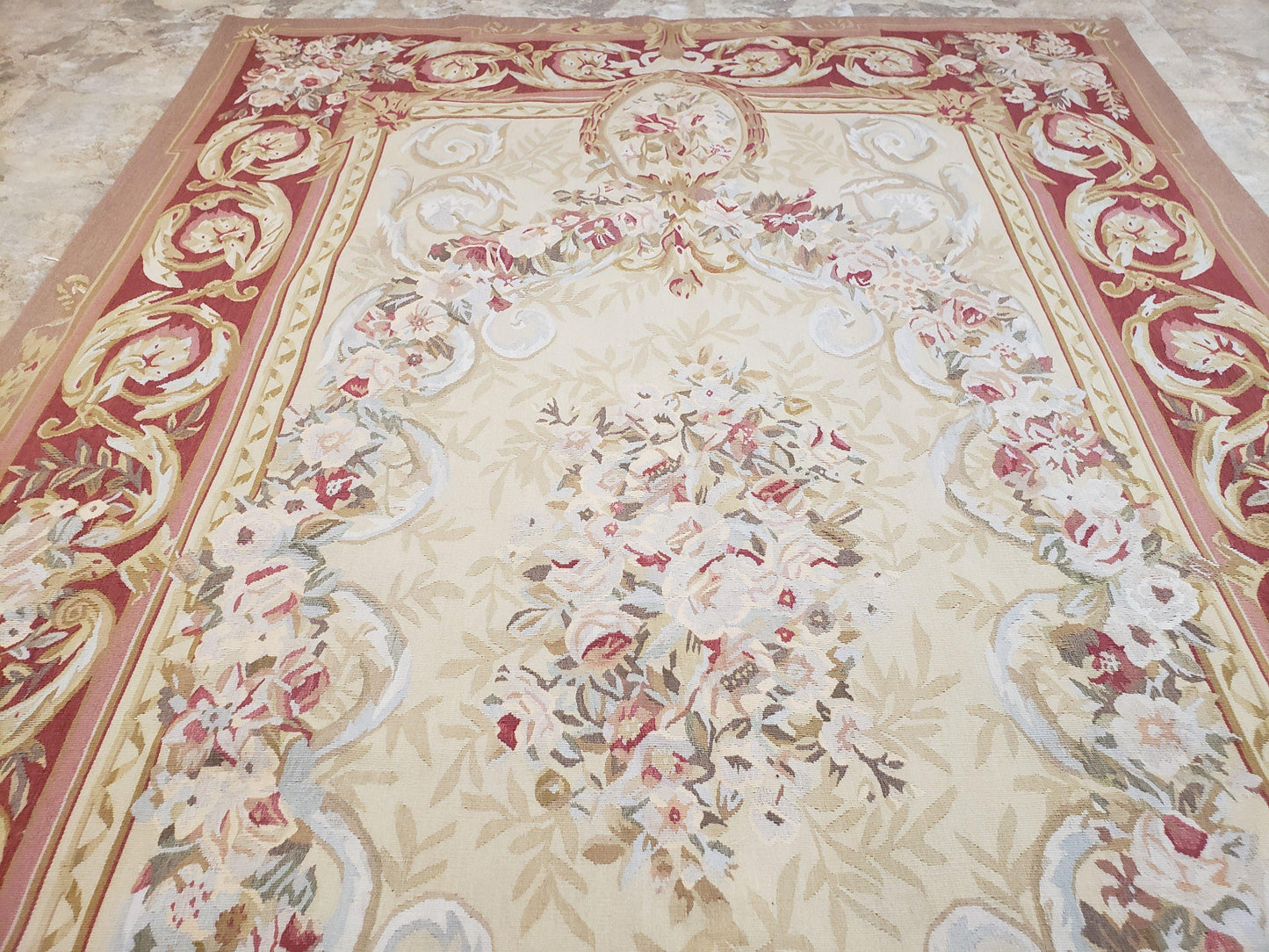 Aubusson Rug 6x9, Elegant Flatweave Rug, Aubusson Savonnerie 6 x 9 Flatweave Area Rug, Cream and Red, Wool Hand Woven Carpet, Medium Size