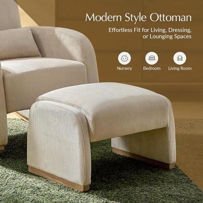Beige Corduroy Ottoman With Contemporary Wood Legs