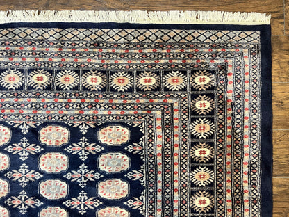 Pakistani Bokhara Rug 8x10, Turkoman Carpet, Dark Blue and Beige, Vintage Handmade Wool Carpet