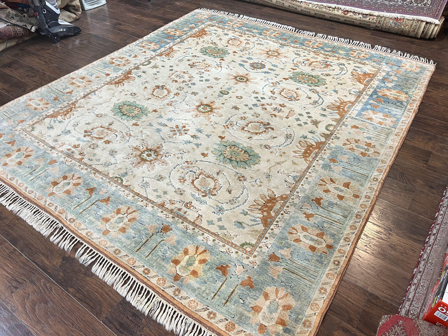 Turkish Oushak Rug 9x10, Farmhouse Rug, Beige & Light Blue