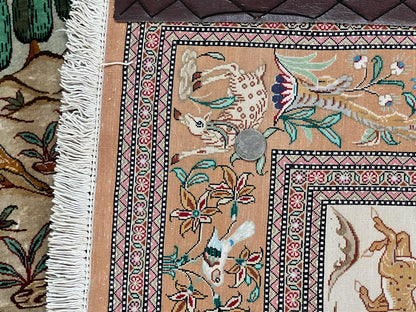Silk Persian Qum Rug 3x5, Hunting Pattern, Handmade Vintage Carpet, Signed by Master Weaver, Horsemen Pictorials, Super Fine 650 KPSI