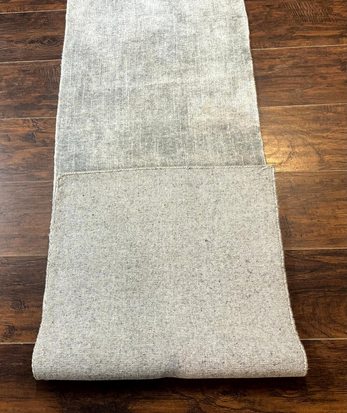 Modern Tibetan Runner Rug 1.9 x 8.6, Wool and Silk Highlights, Gray/Silver, Narrow Runner for Hallway or Kitchen