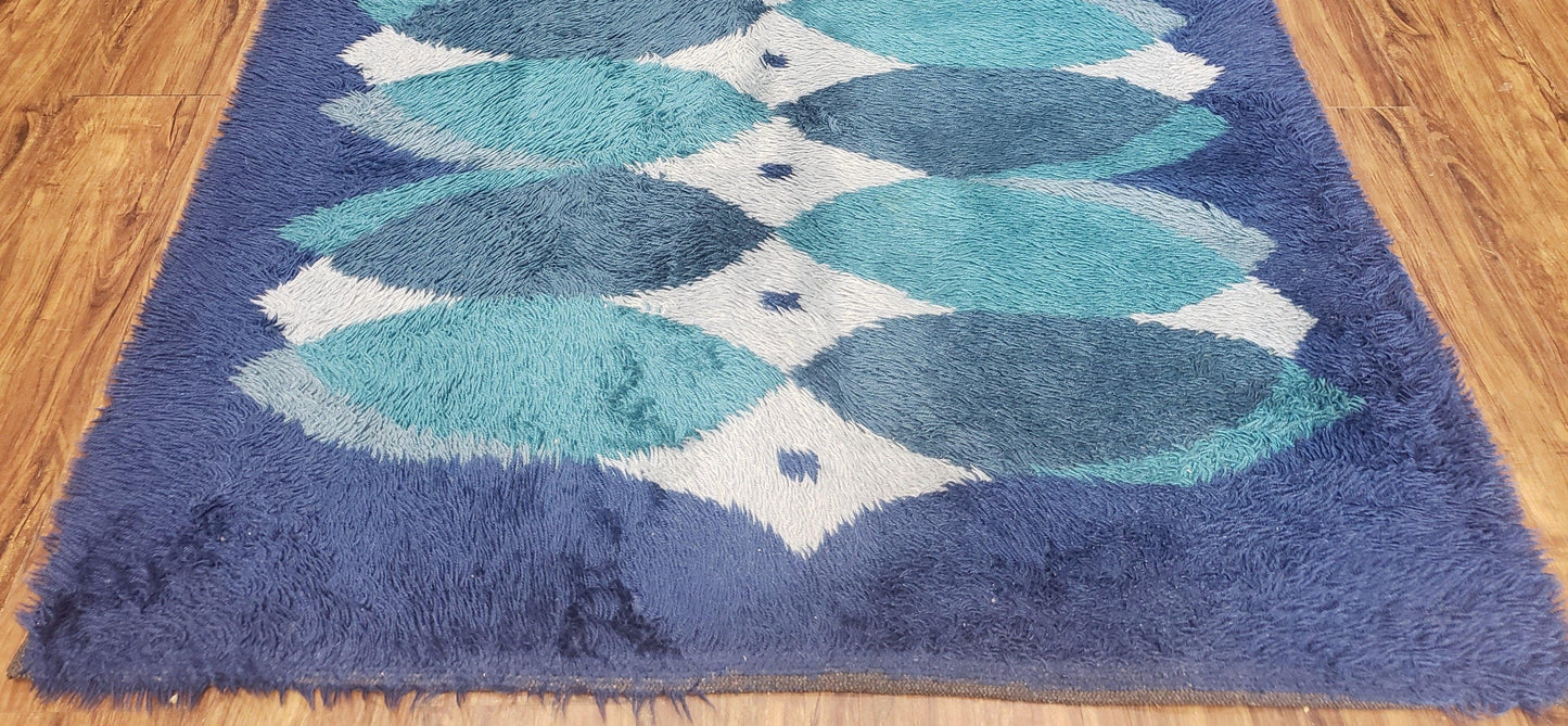 Blue Rya Rug, 1960s Mid-Century Danish Shag Rug 4'6" x 6'7", Ege Rya Modern Carpet, Cyan DeLuxe Rya Shag Rug, Vintage Area Rug 4x6, 5x7 Rug