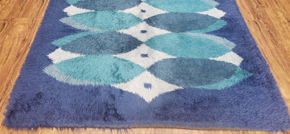 Blue Rya Rug, 1960s Mid-Century Danish Shag Rug 4'6" x 6'7", Ege Rya Modern Carpet, Cyan DeLuxe Rya Shag Rug, Vintage Area Rug 4x6, 5x7 Rug