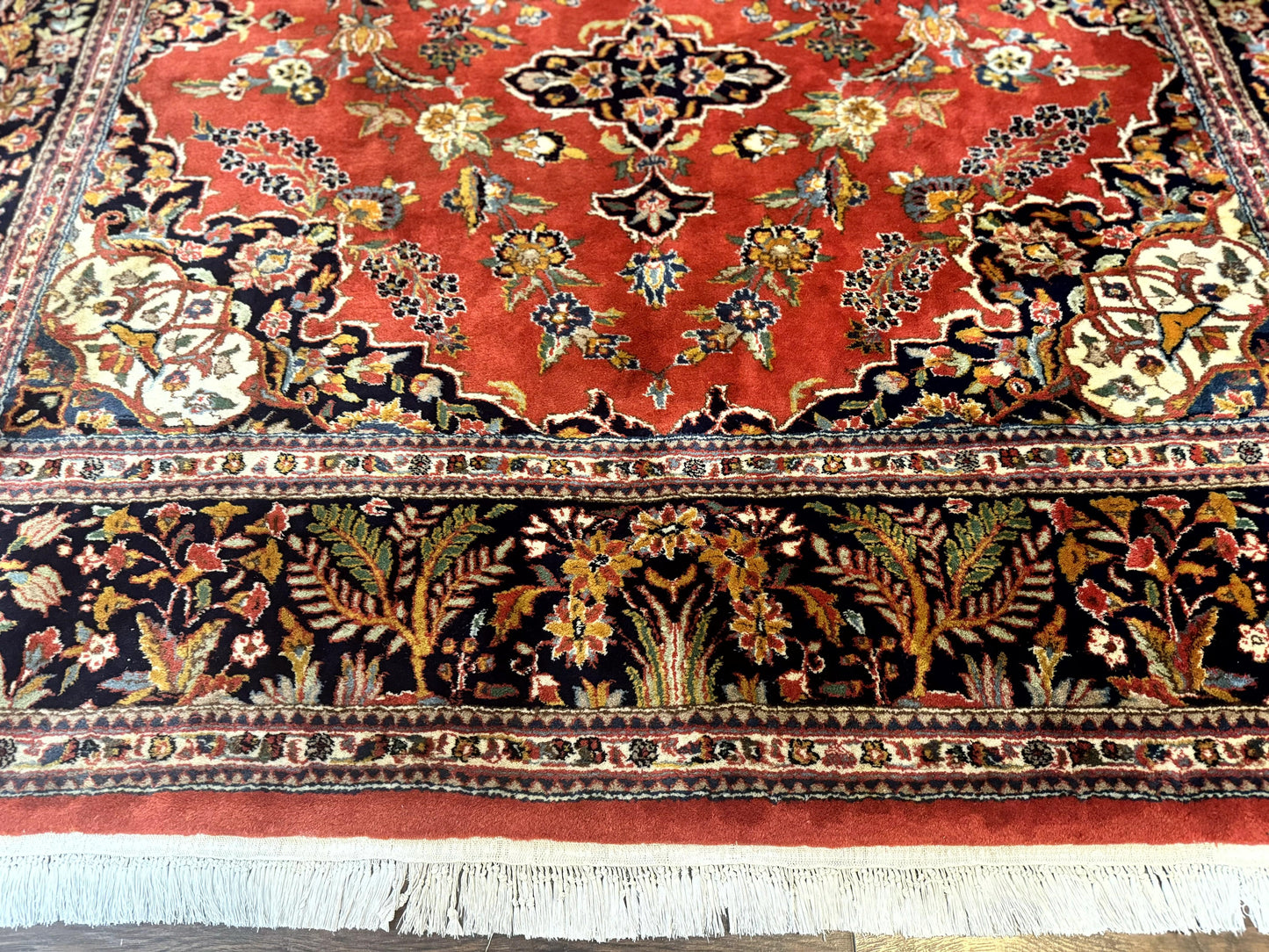 Indo Persian Rug 7x10, Vintage Handmade Wool Carpet, Floral Medallion Traditional Rug, Red and Midnight Blue