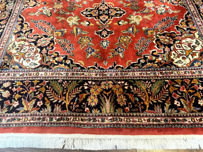 Indo Persian Rug 7x10, Vintage Handmade Wool Carpet, Floral Medallion Traditional Rug, Red and Midnight Blue