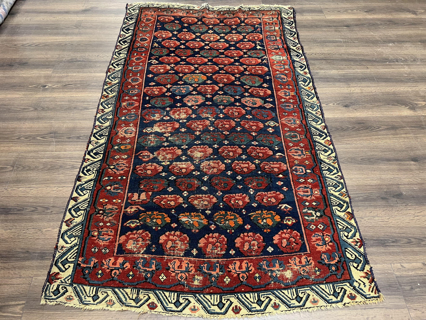 Antique Seychour Rug 4x7, Collectible Kuba Caucasian Carpet, Wool Handmade, Red Navy Blue Cream, Repeated Allover Motif, Early 20th Century